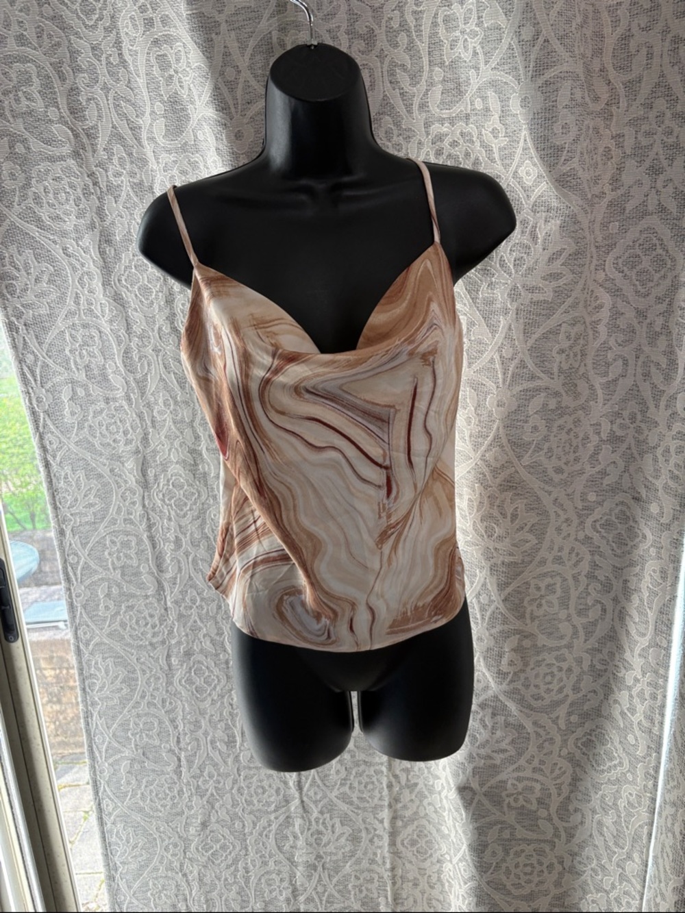 San Souci small Women’s Marble-Print Satin Cowl Neck Cami - Cream & Brown - NWT
